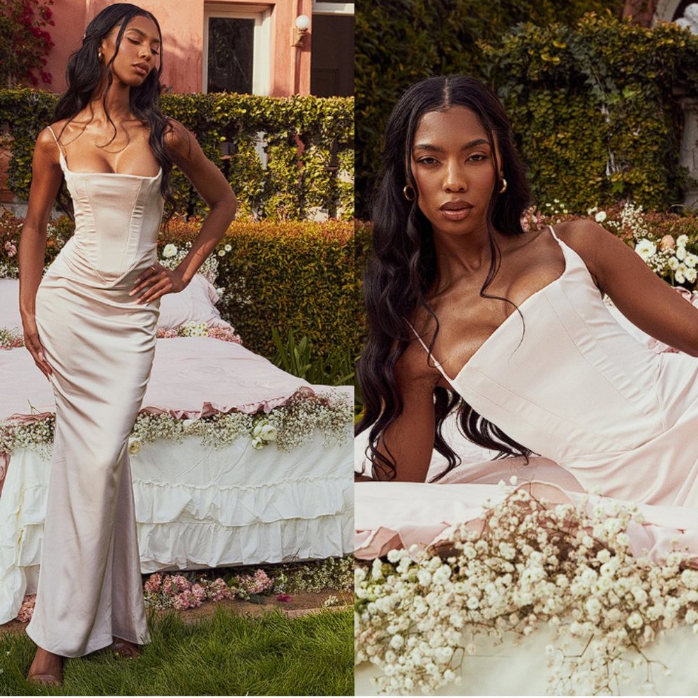 HOUSE OF CB 'Olivette' Crystal Satin Corset Maxi Dress NWOT